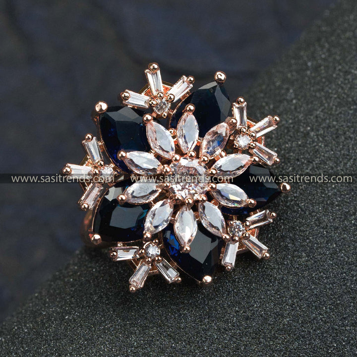 Rose Gold Plated Floral Ring with American Diamond Stones in Beautiful Blue - Ideal for Trendy Party Wear 