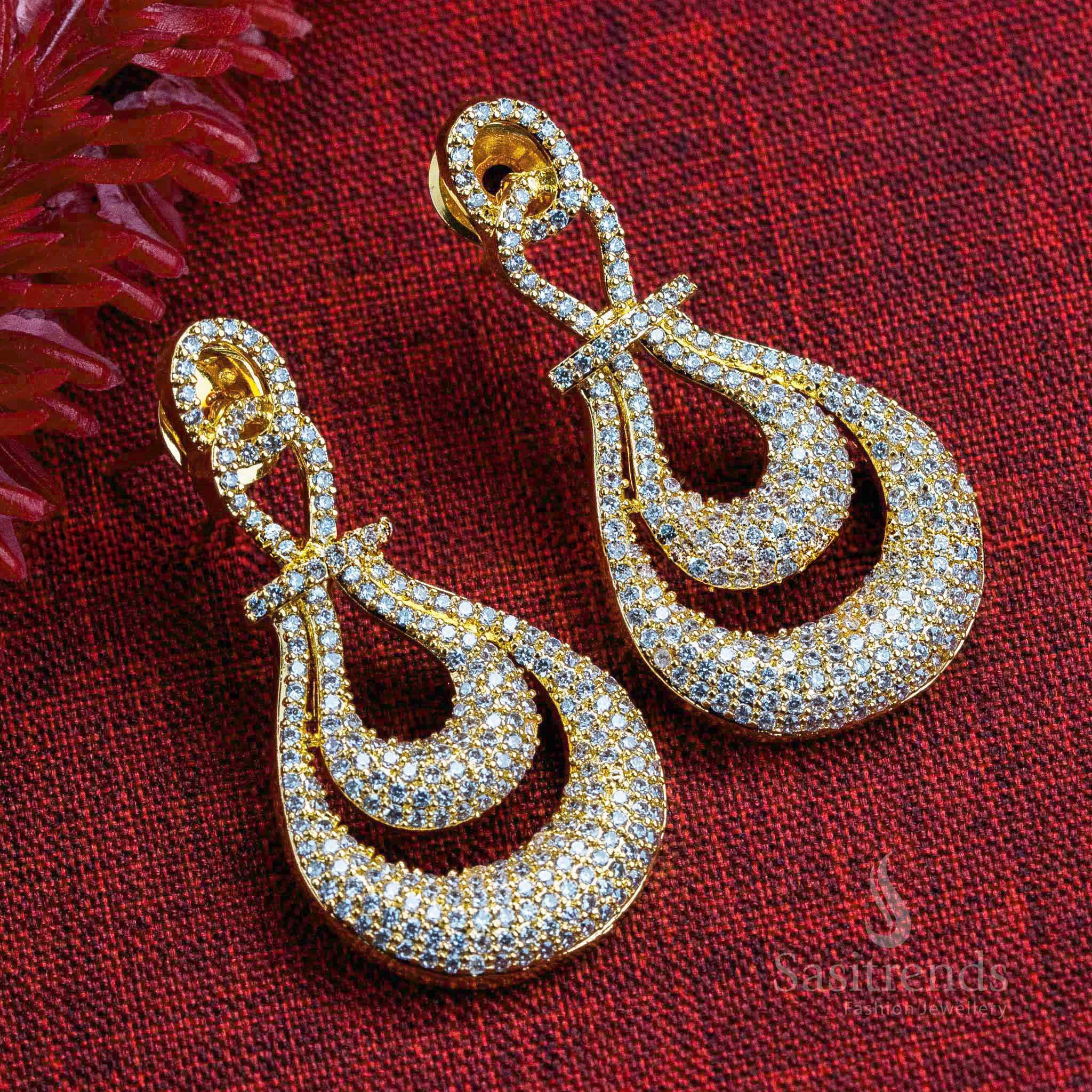 Trendy Party Wear Gold Plated American Diamond Earrings - Two-Layered Tear Drop Pattern for Women - Sasitrends