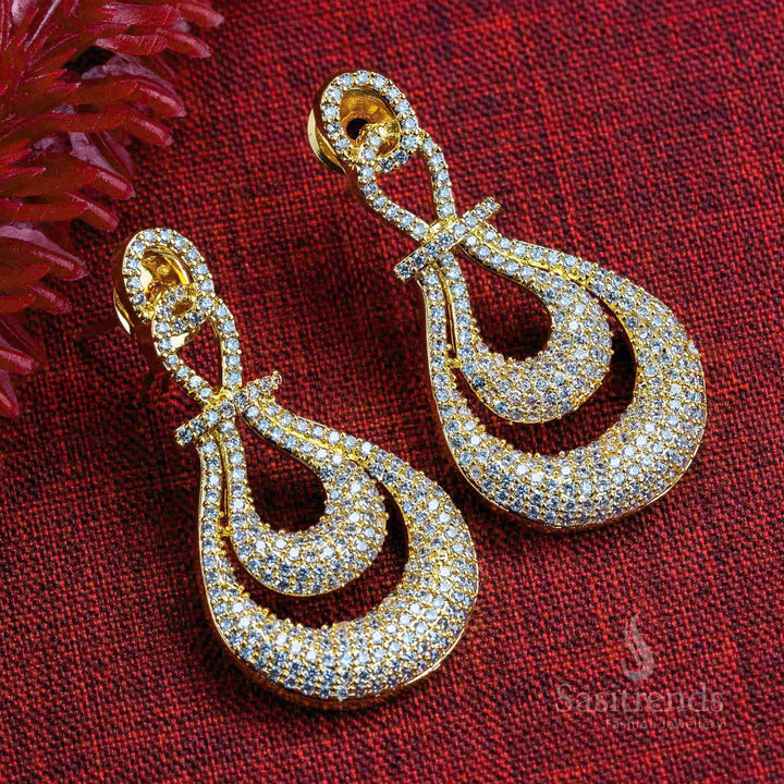 Trendy Party Wear Gold Plated American Diamond Earrings - Two-Layered Tear Drop Pattern for Women - Sasitrends