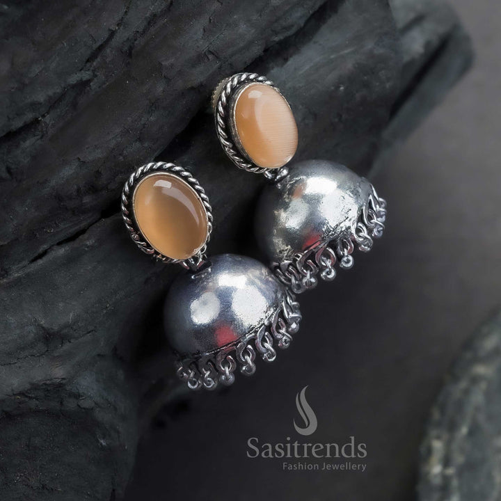 Trendy Traditional Oxidized German Silver Jhumka Earrings with Oval Monalisa Stone | Sasitrends - Sasitrends