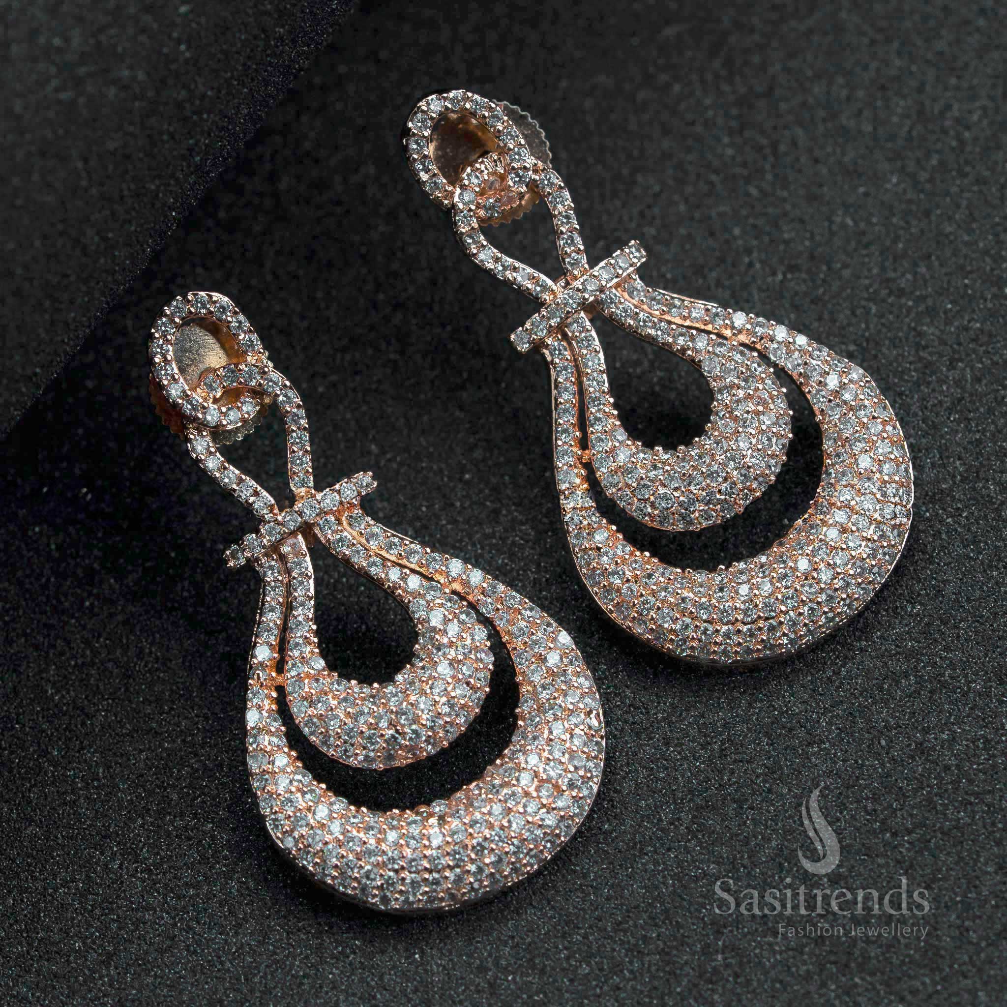 Trendy Party Wear Rose Gold Plated American Diamond Earrings - Two-Layered Tear Drop Pattern for Women - Sasitrends