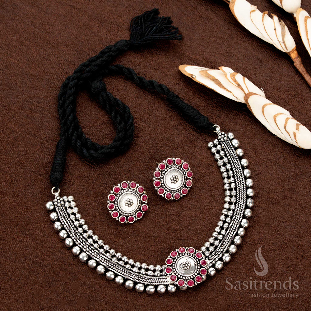 Oxidised jewellery choker with bold floral motif and matching earrings - Sasitrends