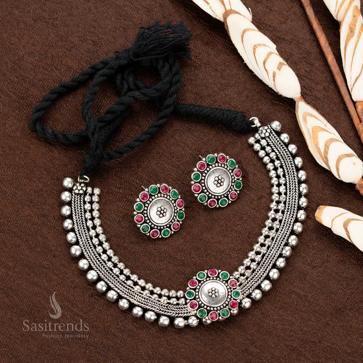 Oxidised jewellery choker with bold floral motif and matching earrings - Sasitrends