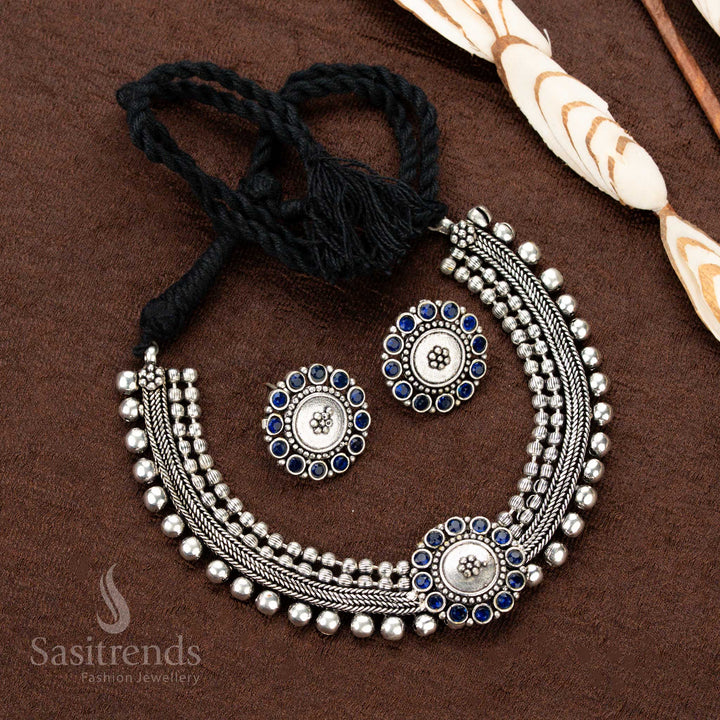 Oxidised jewellery choker with bold floral motif and matching earrings - Sasitrends