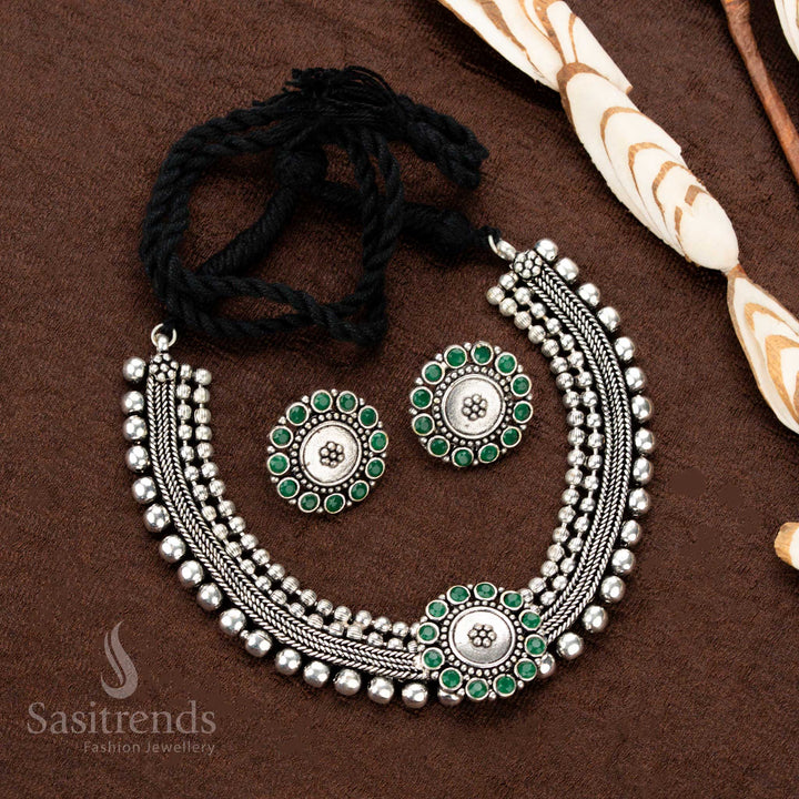 Kolapuri oxidised choker set with floral Green stone  design – perfect for Navaratri - Sasitrends