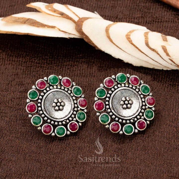 Oxidised jewellery choker with bold floral motif and ruby Green matching earrings - Sasitrends