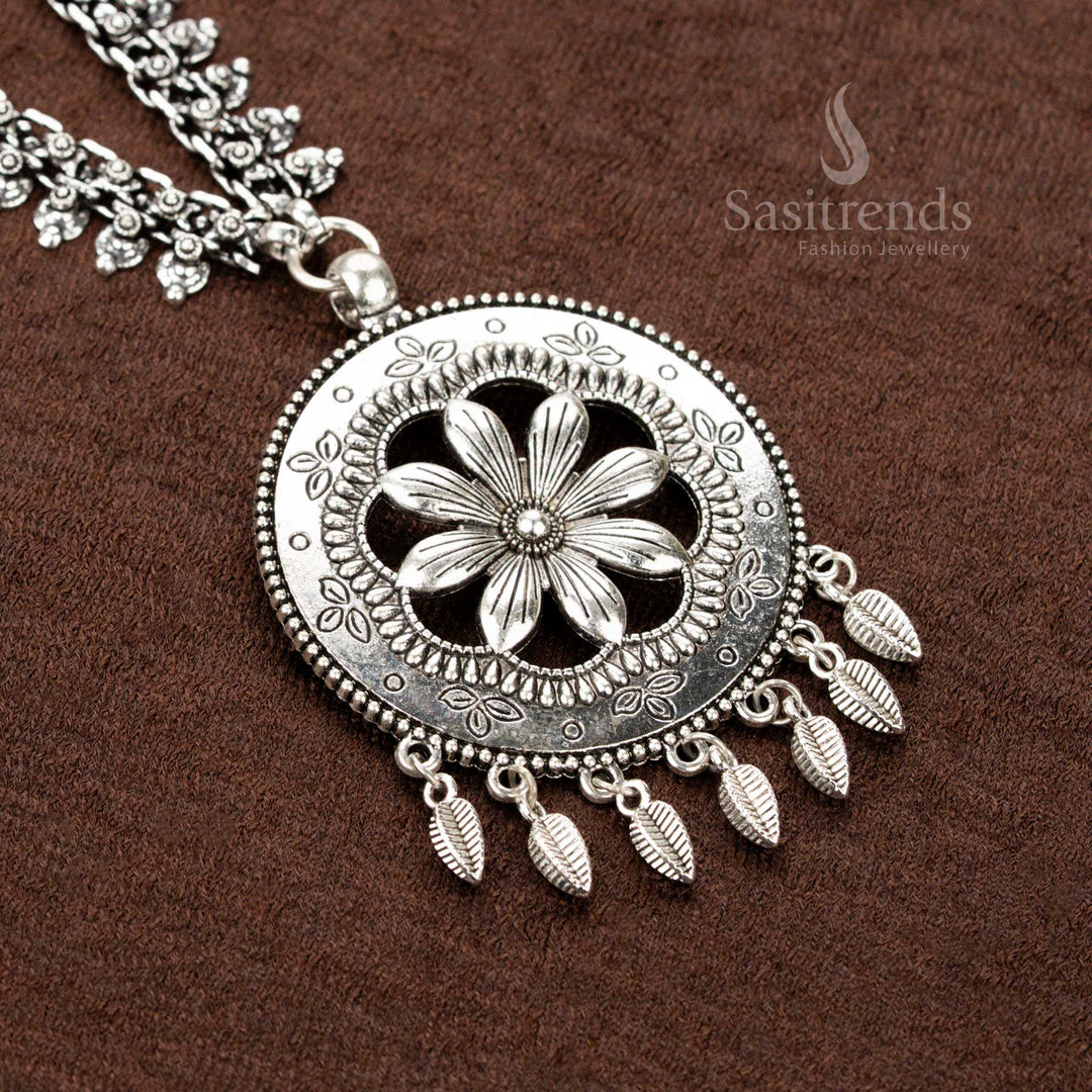 Traditional Oxidised Floral Pendant Necklace with Leaf Danglers and Dual Chain – Navaratri and Festive Wear – Sasitrends