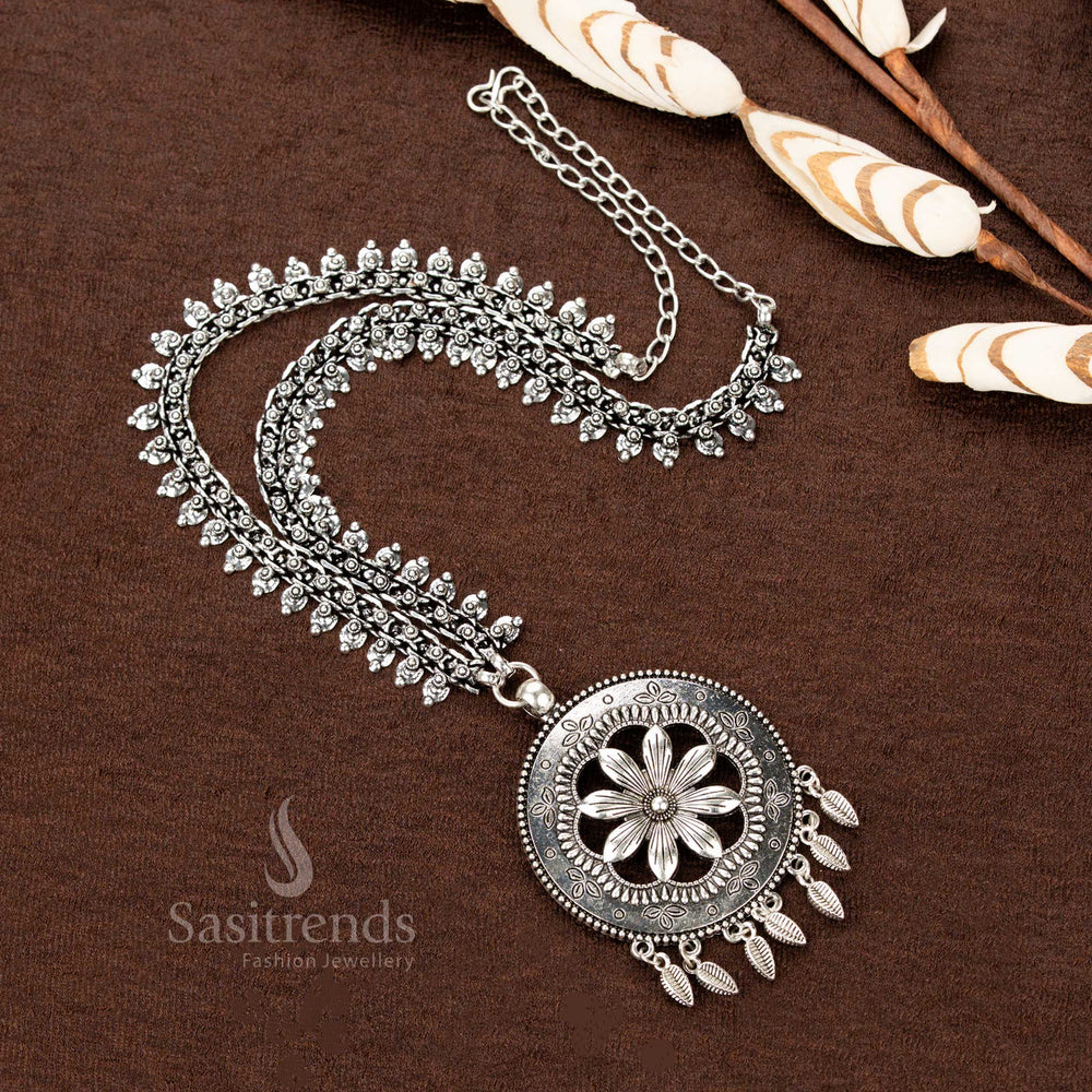 Traditional Oxidised Floral Pendant Necklace with Leaf Danglers and Dual Chain – Navaratri and Festive Wear – Sasitrends