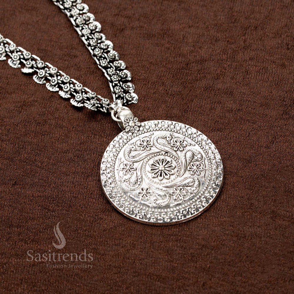 Oxidised Silver Long Necklace with Engraved Floral Paisley Round Pendant and Dual Beaded Chain Design – Sasitrends