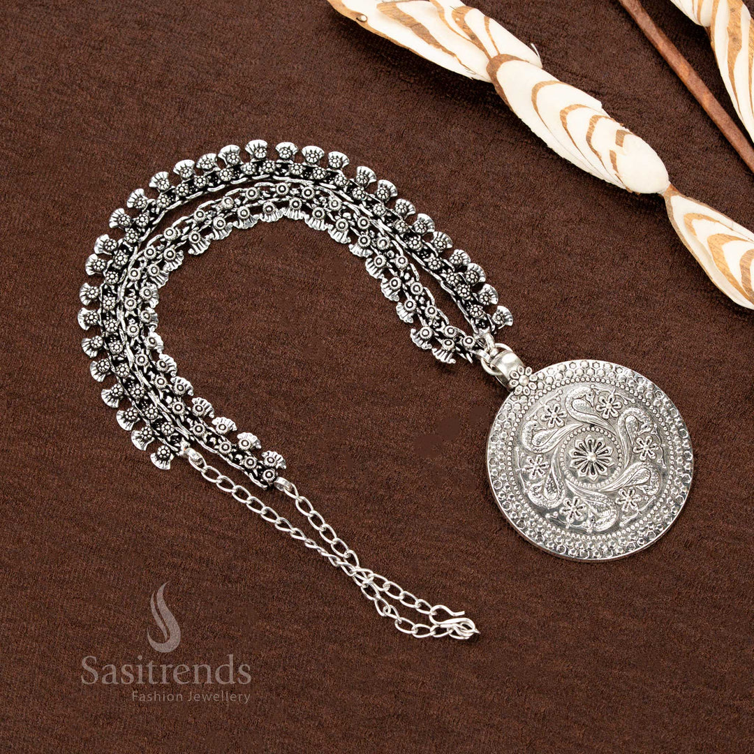 Oxidised Silver Long Necklace with Engraved Floral Paisley Round Pendant and Dual Beaded Chain Design – Sasitrends