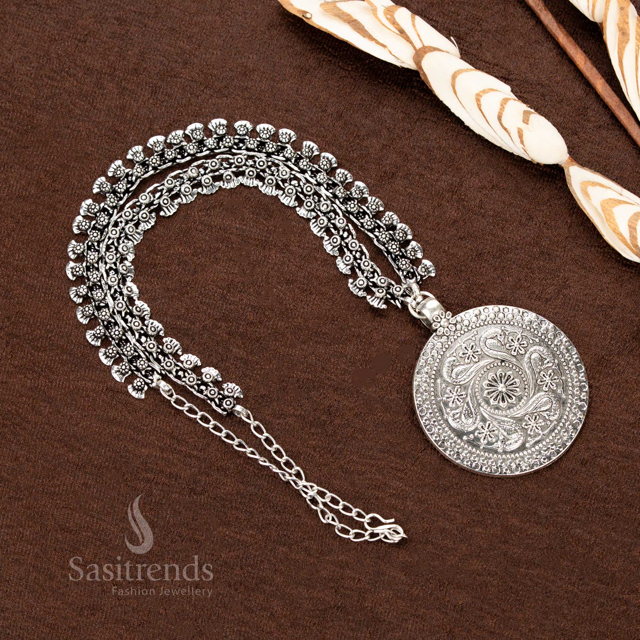 Oxidised Silver Long Necklace with Engraved Floral Paisley Round Pendant and Dual Beaded Chain Design – Sasitrends