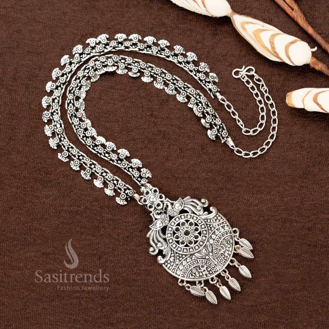 Oxidised Long Necklace with floral double chain and embossed round paisley pendant featuring leaf drops - Sasitrends