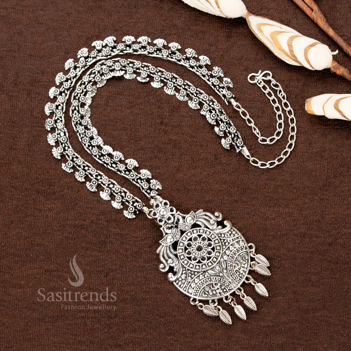 Amazing Oxidised Long Necklace with Dual Strand Floral Chain and Intricately Detailed Round Pendant Featuring Leaf Drops - Sasitrends