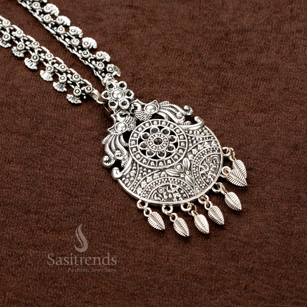 Oxidised Long Necklace with floral double chain and embossed round paisley pendant featuring leaf drops - Sasitrends