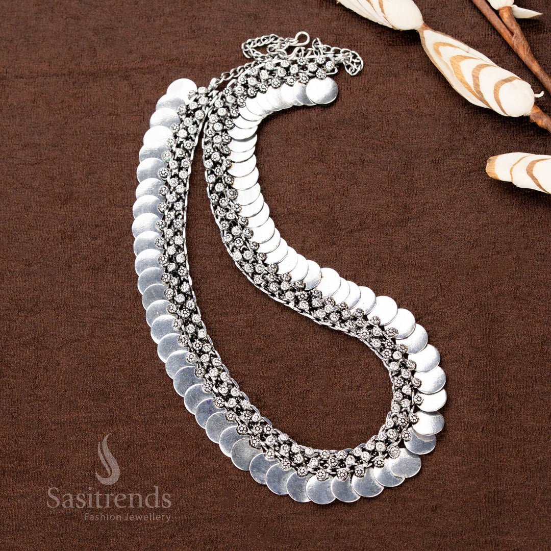 Oxidised German Silver Coin and Floral Pattern Long Necklace – Navaratri Traditional Wear – Sasitrends