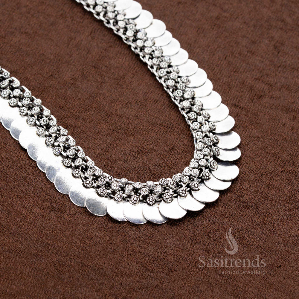 Oxidised German Silver Coin and Floral Pattern Long Necklace – Navaratri Traditional Wear – Sasitrends