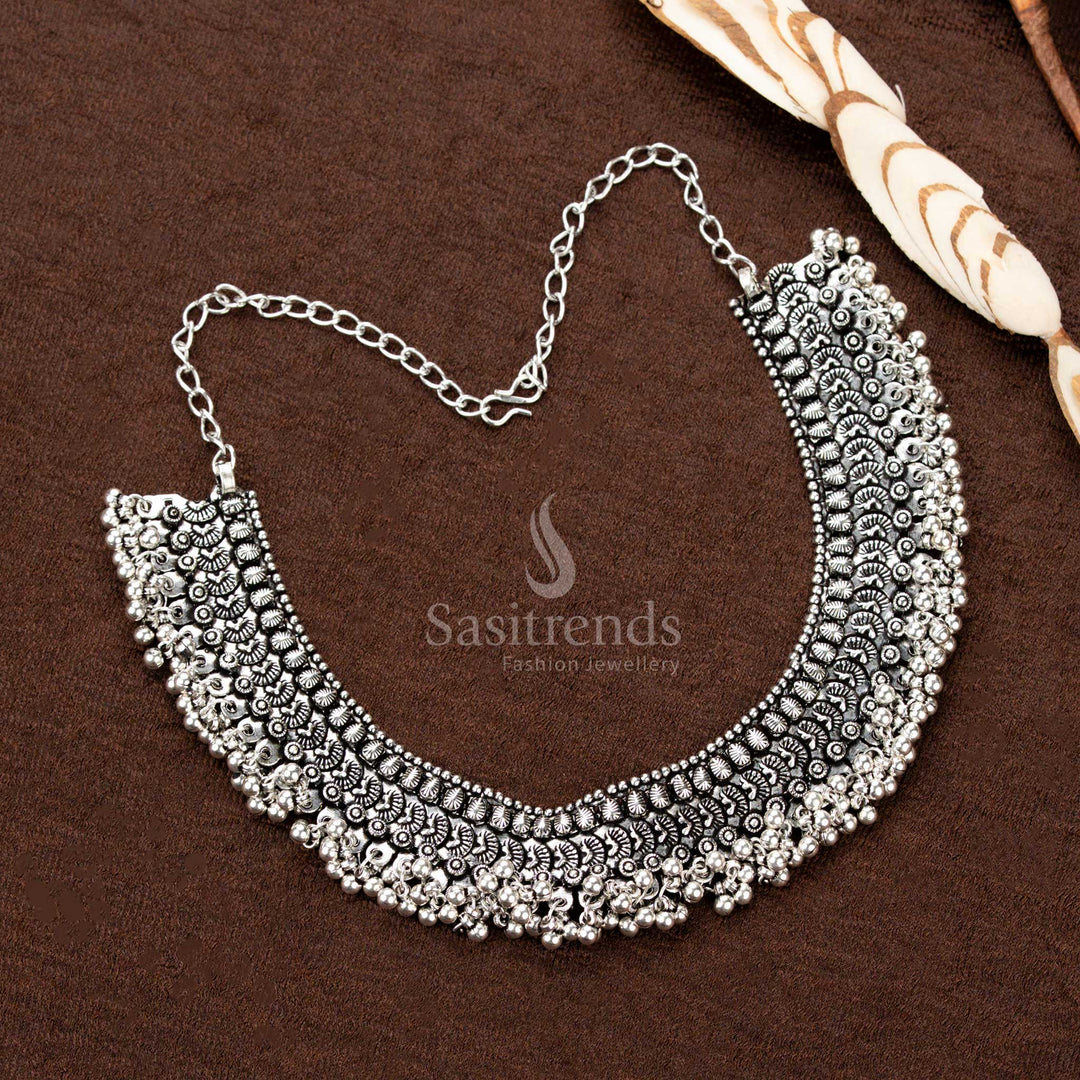 Oxidised German Silver Choker Necklace with fan motifs and layered beads - Sasitrends