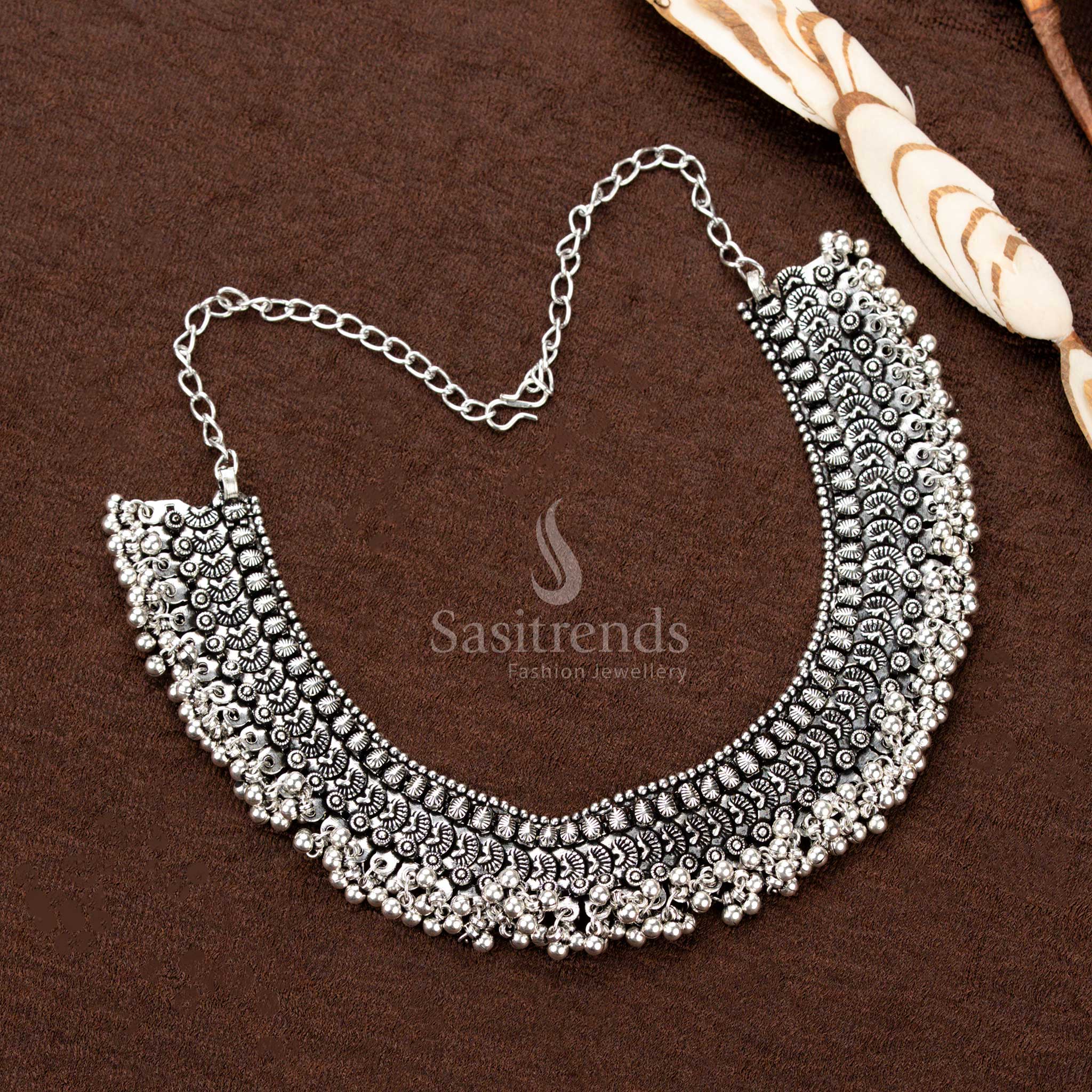 Oxidised German Silver Choker Necklace with fan motifs and layered beads - Sasitrends