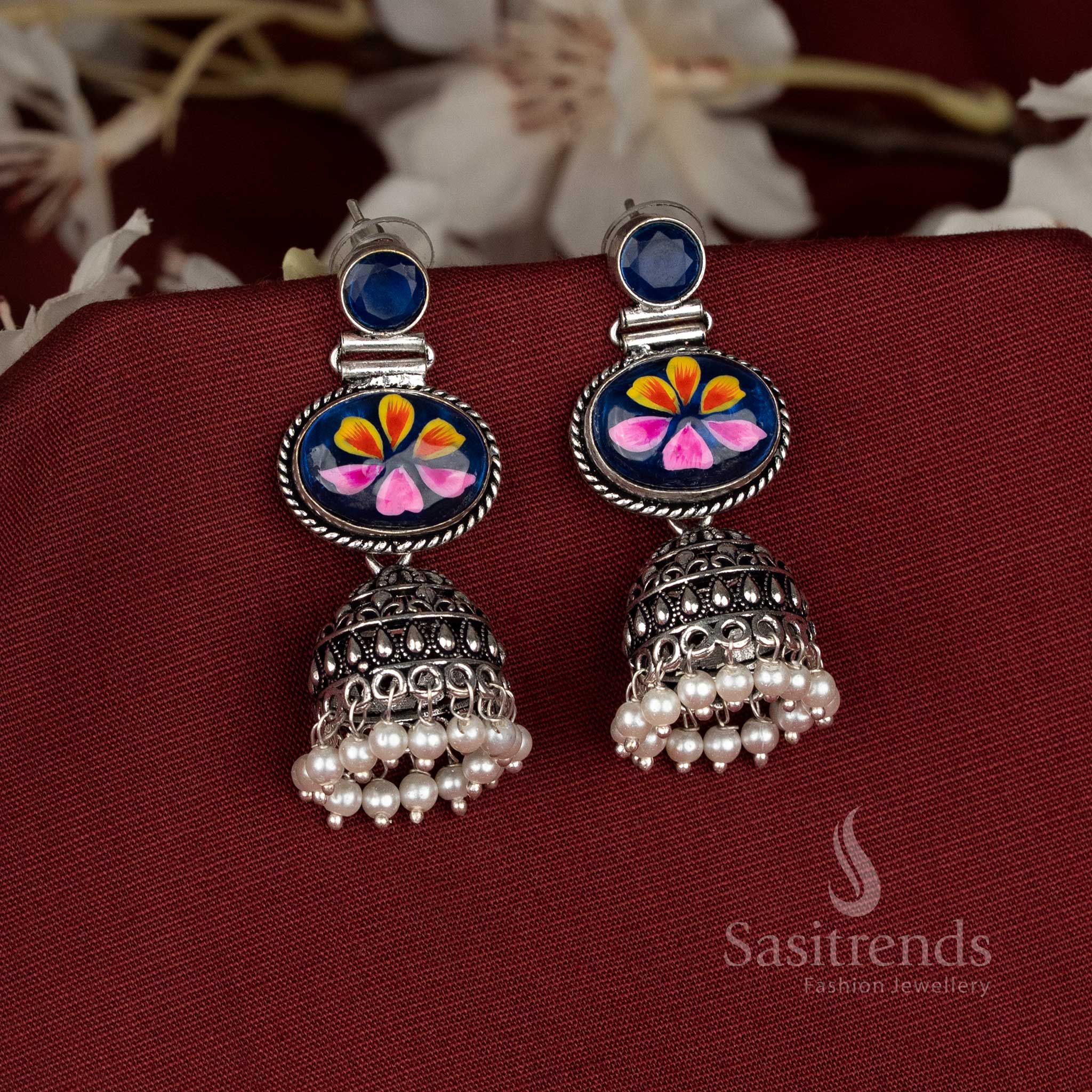 Bluemist oxidised hand-painted jhumka earrings with blue Monalisa oval stones for elegant traditional and festive wear – Sasitrends