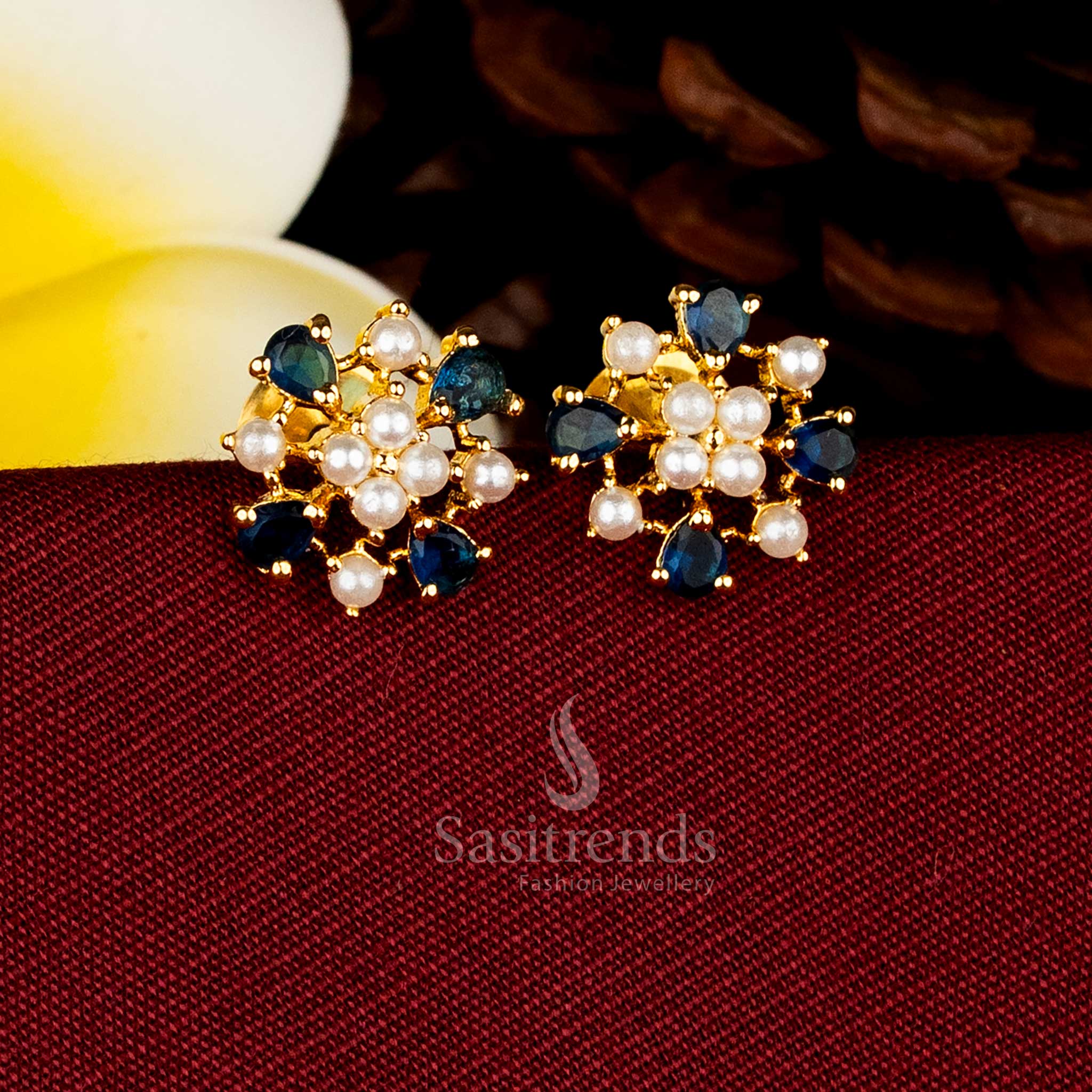 Ocean mystic pearl blue micro gold plated starburst floral pearl AD stone teardrop stud earrings for festive engagement styling – Sasitrends