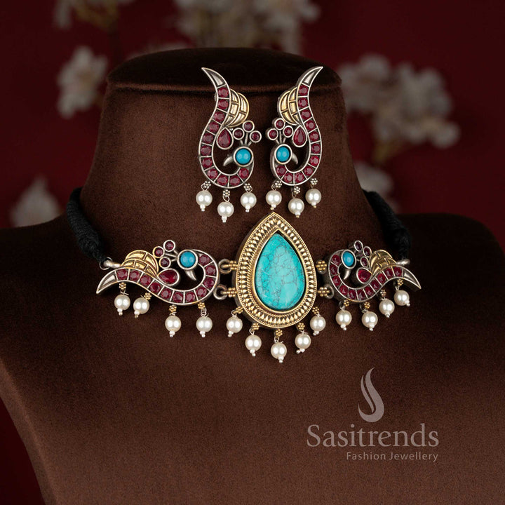 Vivid turquoise ruby dual tone oxidised peacock pearl choker set for artistic looks – Sasitrends