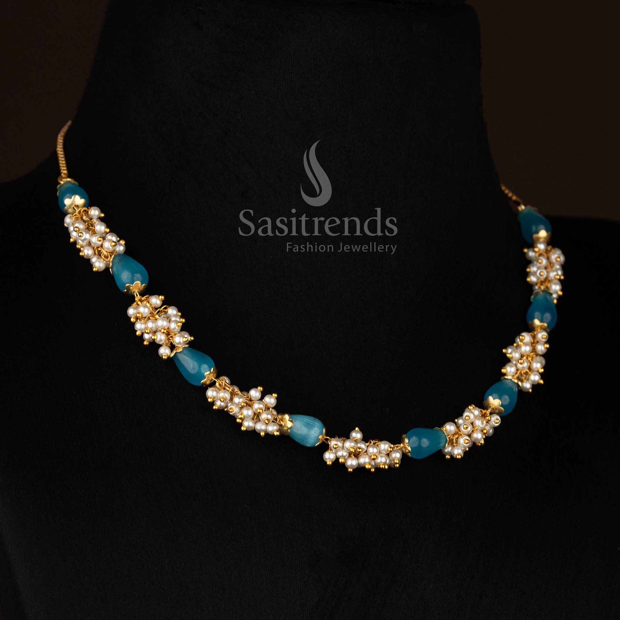 Tranquil micro gold plated sky blue beads pearl cluster mala necklace suitable for formal functions and refined styling-Sasitrends