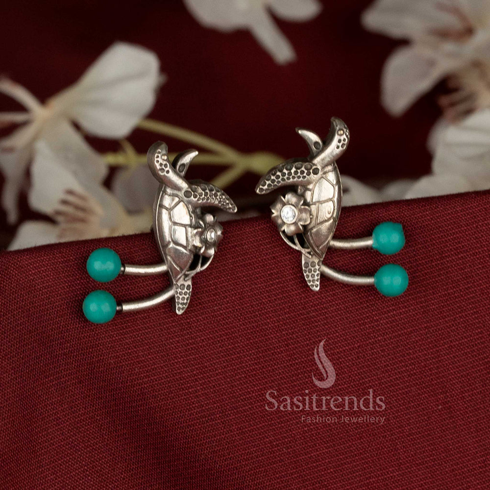 Seabreeze oxidised German silver walking turtle earrings featuring turquoise pearls and stone clusters, perfect for festive, casual, or office occasions – Sasitrends