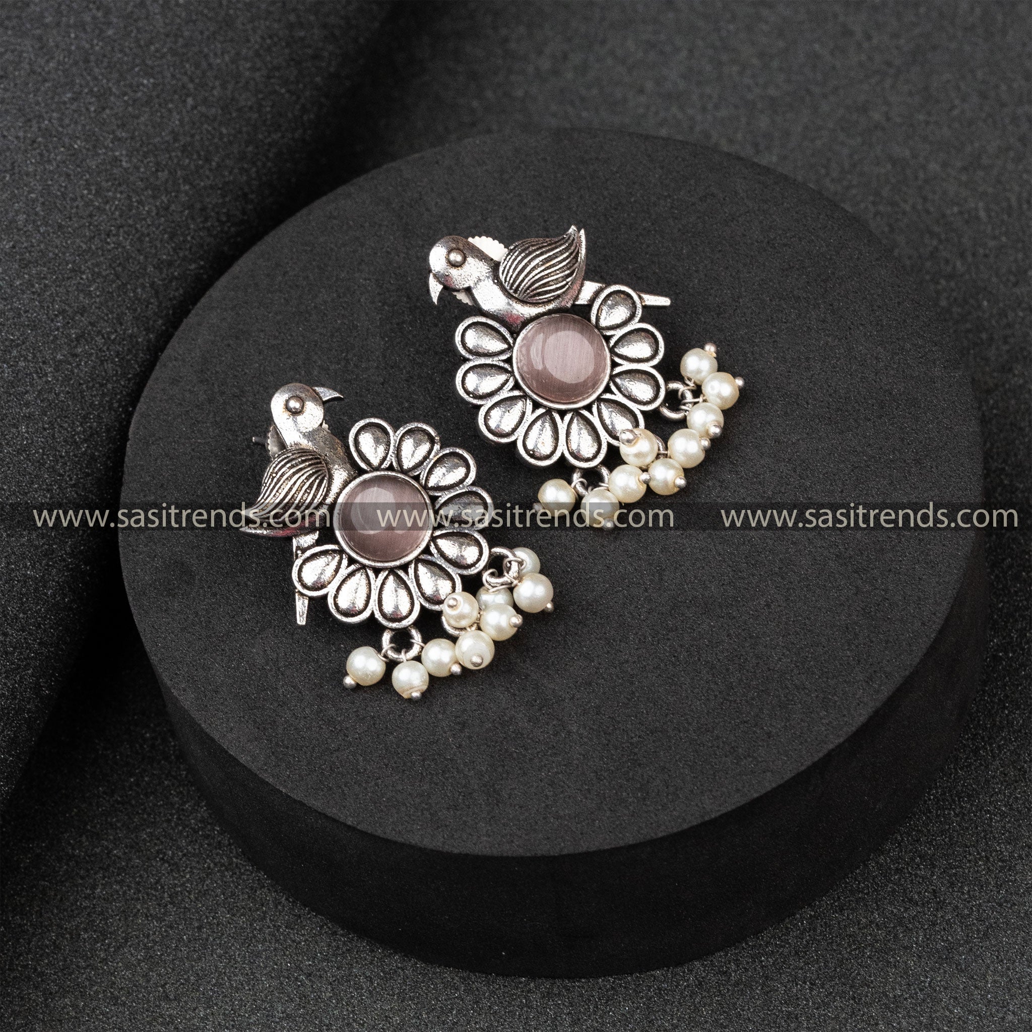 Oxidised German Silver Parrot Pattern Earrings with Monalisa Stone and Pearls Sasitrends