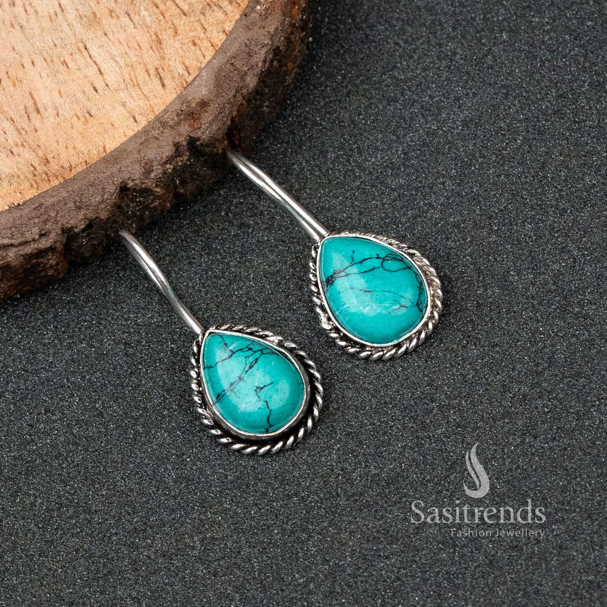 Office Oxidised German Silver Water Drop Monalisa Stone Earrings 