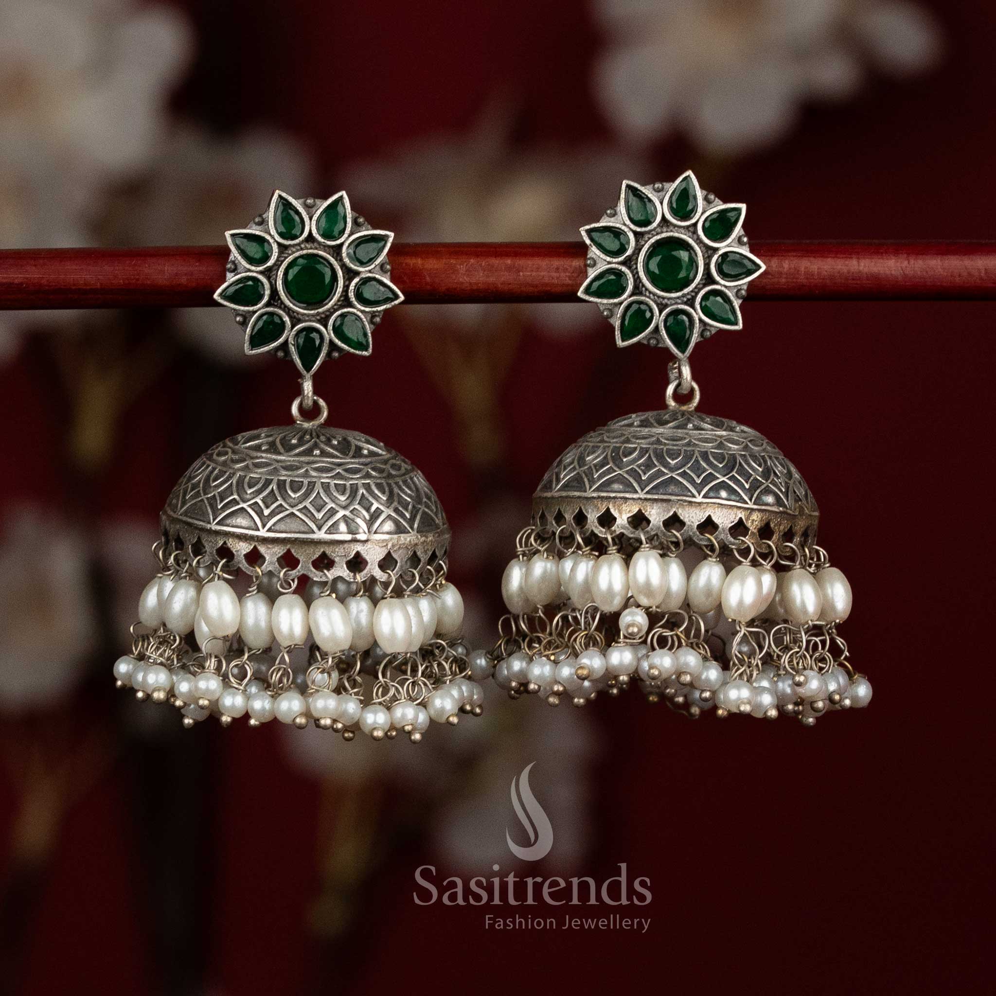 Jade antique oxidised silver green floral dome jhumka earrings with pearl tiers for cultural charm - jewellery - Sasitrends