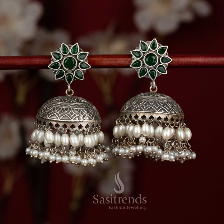 Jade antique oxidised silver green floral dome jhumka earrings with pearl tiers for cultural charm - jewellery - Sasitrends