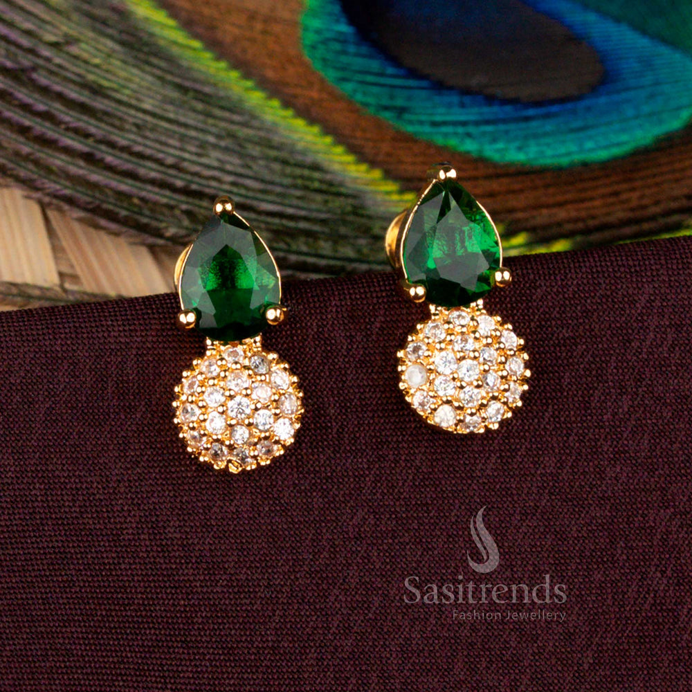 Majestic AD teardrop stud earrings plated in gold highlighting ethnic green glow for ceremonial wear - Sasitrends