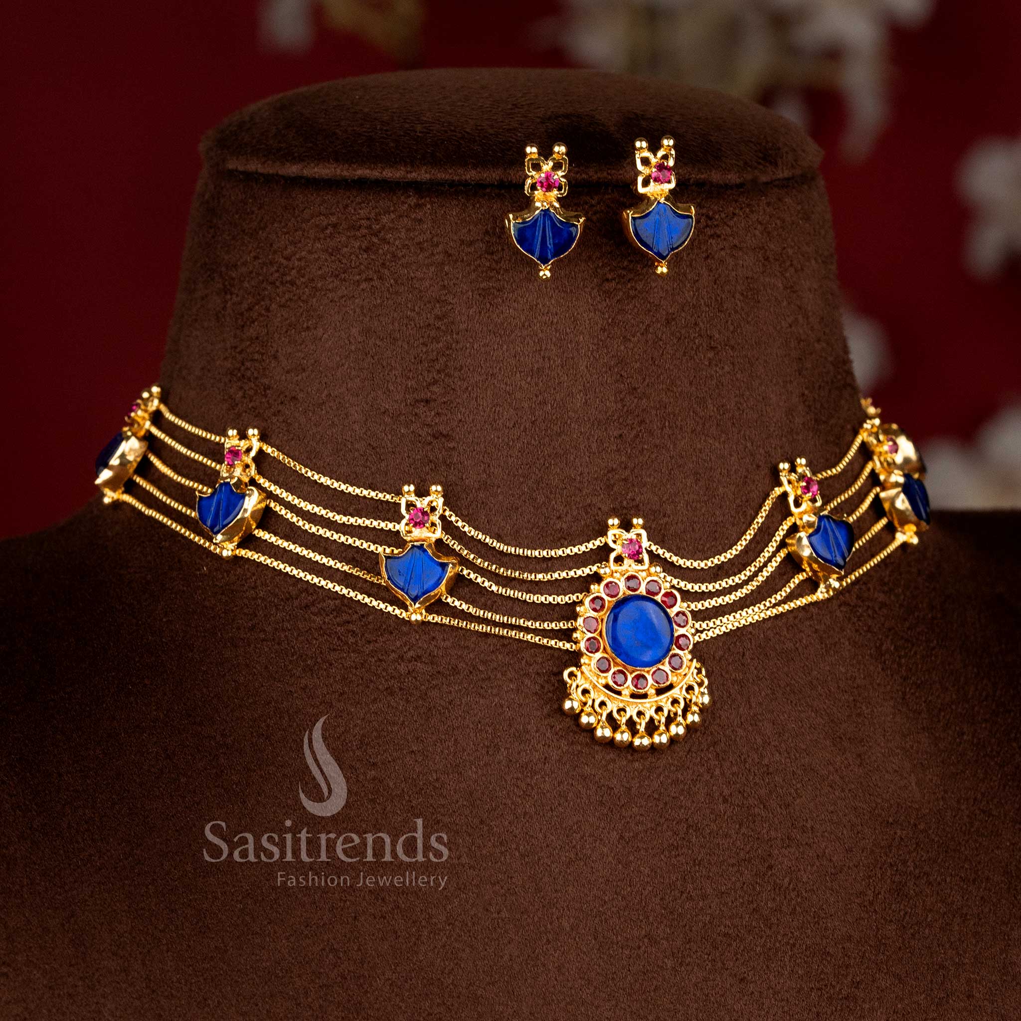 Elegant Kerala Palakka choker necklace with one gram micro gold plating, vibrant blue accents, and traditional-inspired design for saree and ethnic occasions - Sasitrends