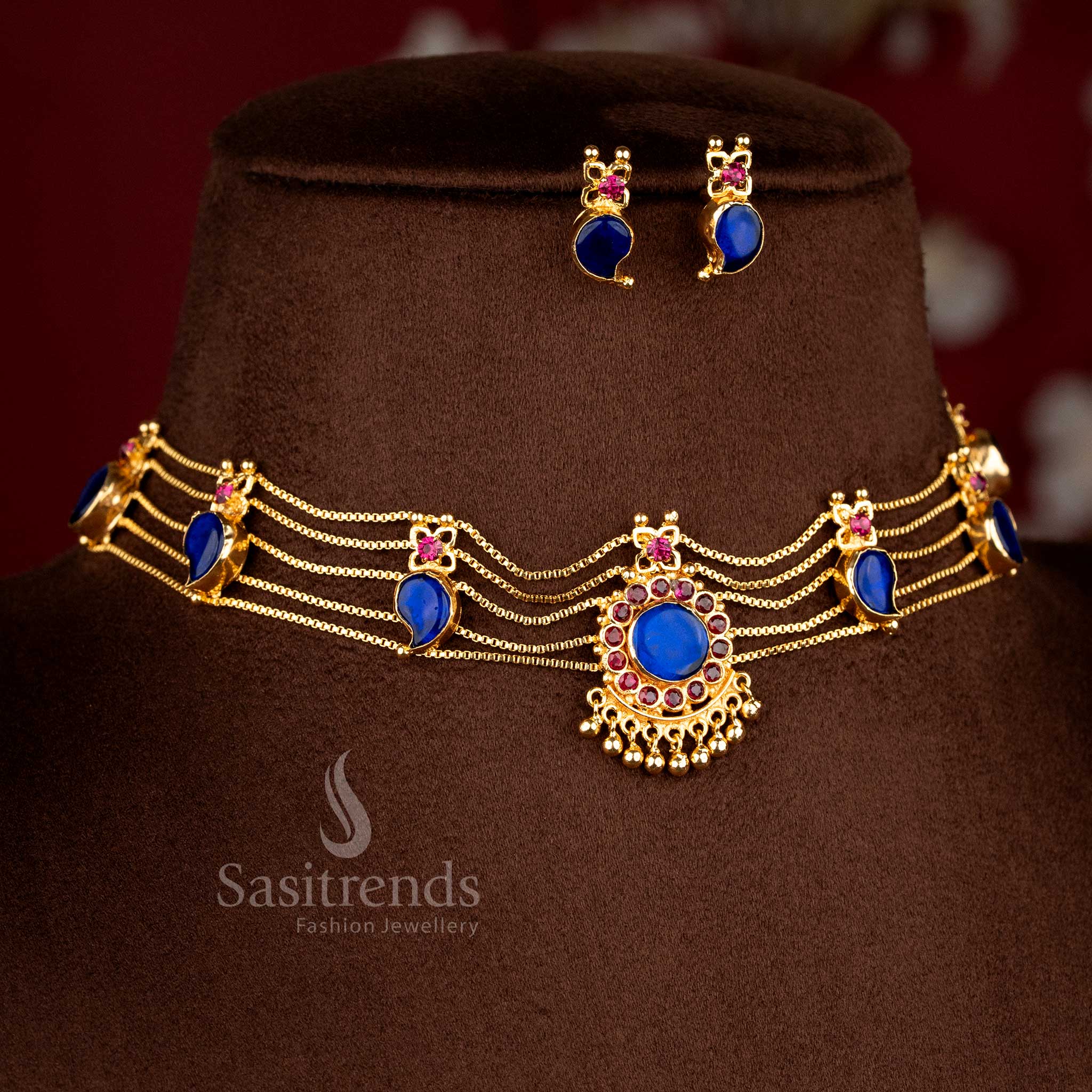 Majestic one gram micro gold plated Kerala mango choker necklace with vibrant blue accents and ornate detailing for elegant saree gatherings - Sasitrends