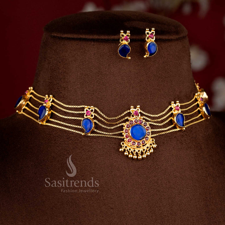 Majestic one gram micro gold plated Kerala mango choker necklace with vibrant blue accents and ornate detailing for elegant saree gatherings - Sasitrends