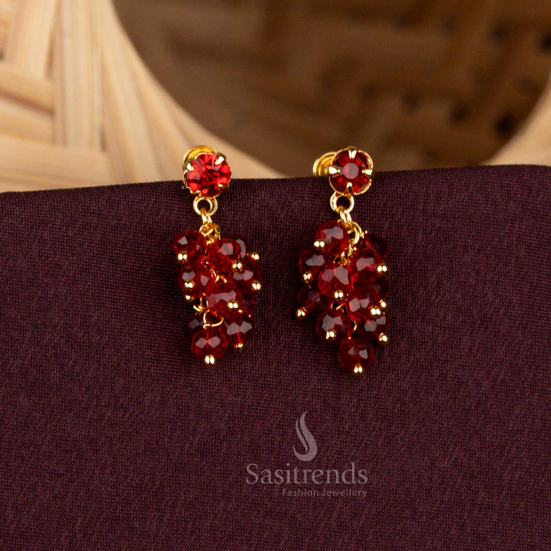 Splendid one gram micro gold plated grape design earrings shimmering with wine maroon crystals for party wear sophistication - Sasitrends