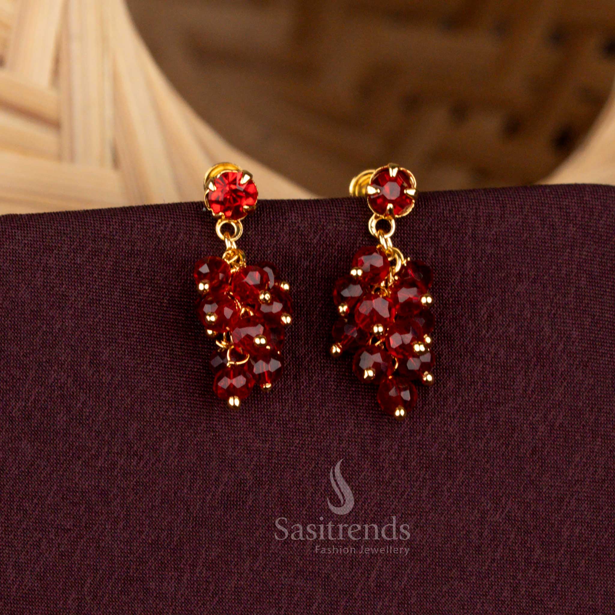 Splendid one gram micro gold plated grape design earrings shimmering with wine maroon crystals for party wear sophistication - Sasitrends