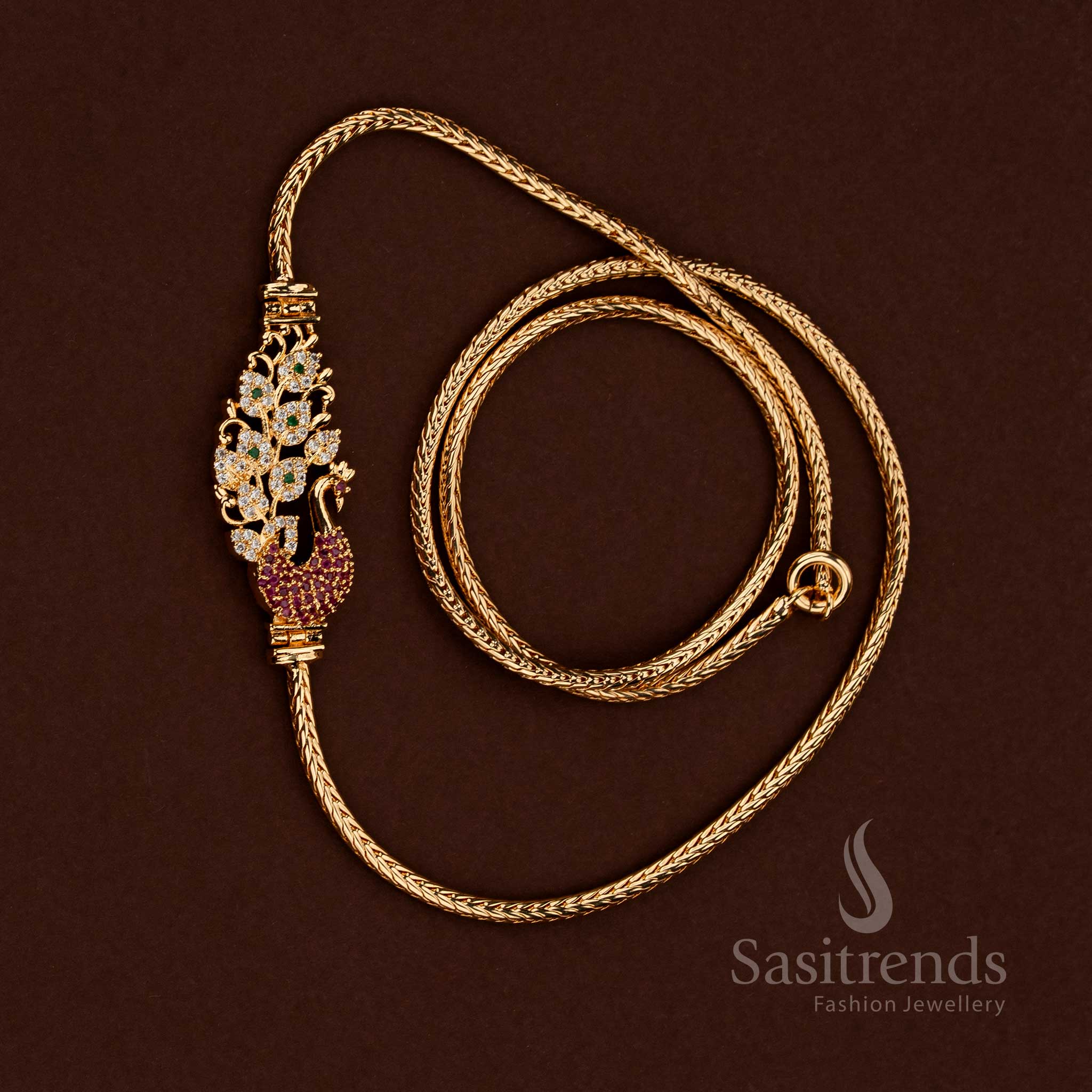 Elegant micro gold plated multi peacock floral 24 inch mugappu chain adorned with multi-color AD stones - Sasitrends