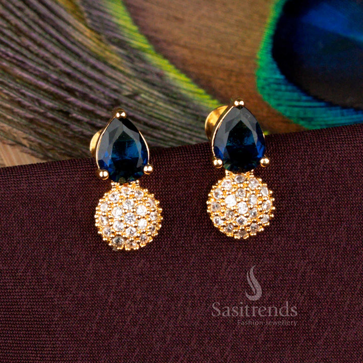 Elegant teardrop AD stud earrings highlighting sapphire-inspired brilliance in gold plating for wedding style - Sasitrends