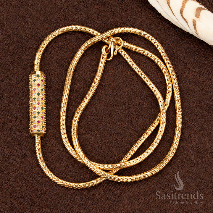 One Gram Micro Gold Plated Traditional Mugappu Chain with Cylindrical AD Stone Centerpiece – Perfect for Sarees & Traditional Wear - Sasitrends