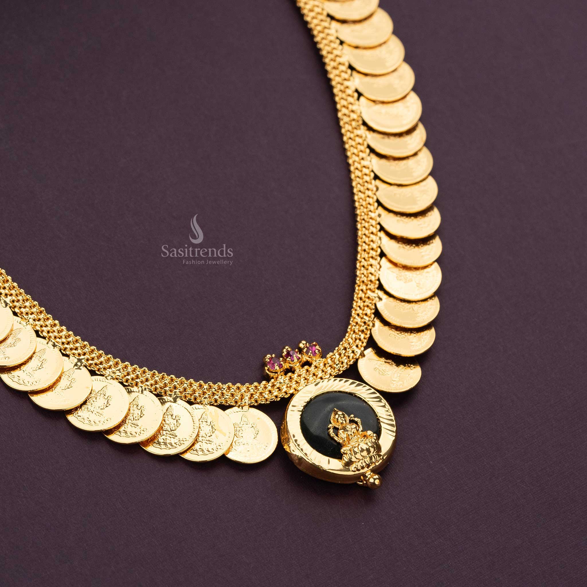 One gram micro gold plated green Palakka Lakshmi pendant necklace set with round antique-style coins, perfect for traditional bridal looks and temple wedding jewellery elegance – Sasitrends