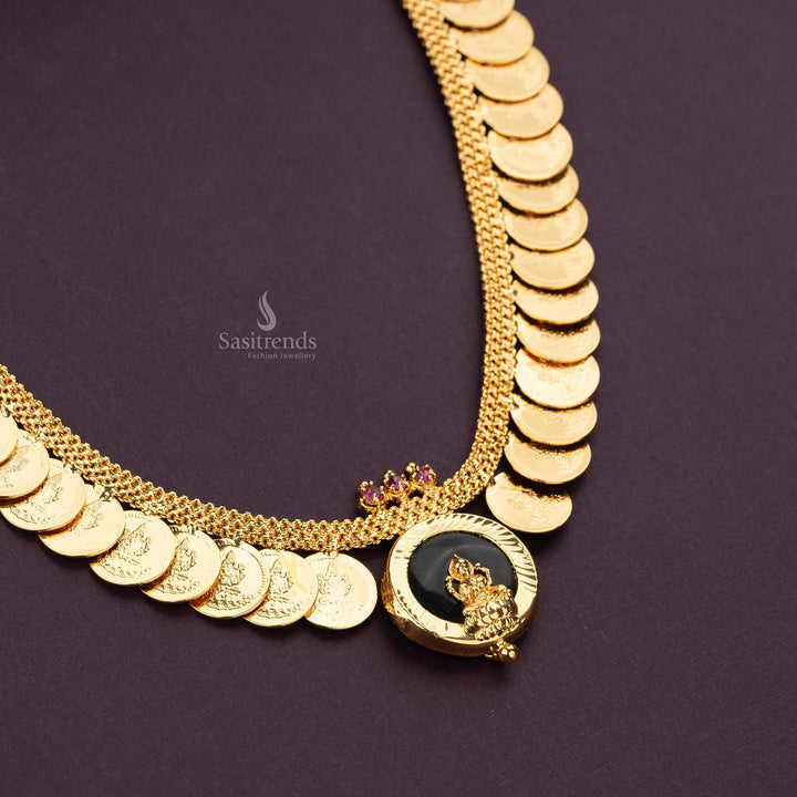 One gram micro gold plated green Palakka Lakshmi pendant necklace set with round antique-style coins, perfect for traditional bridal looks and temple wedding jewellery elegance – Sasitrends