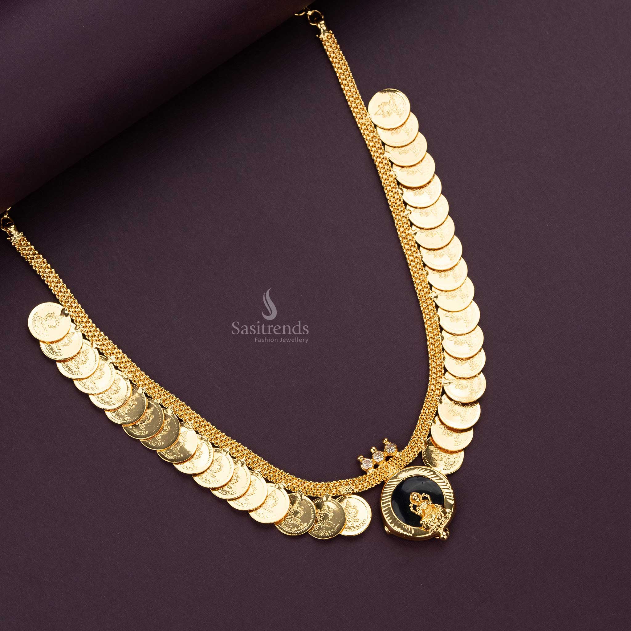 Majestic one gram micro gold plated Lakshmi coin necklace with blue round Palakka pendant, adorned in intricate floral designs and elegant temple finish for celebration-ready jewellery styling – Sasitrends