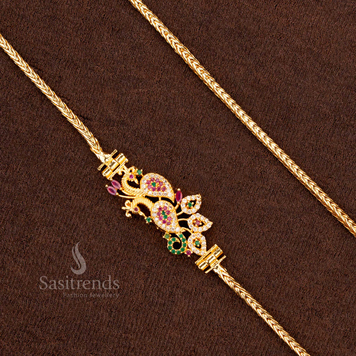 One Gram Micro Gold Plated Peacock Mugappu Chain with AD Stones – Traditional Wear Jewellery for Sarees - Sasitrends