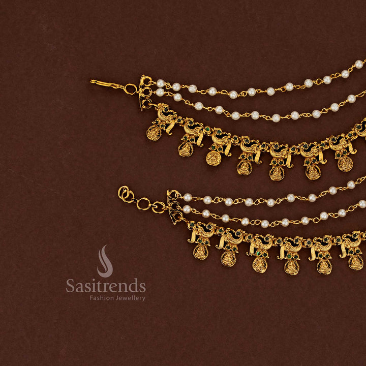 Emerald toned peacock Lakshmi temple matte gold plated American diamond matils embellished with rich green stones and clustered pearl accents for majestic bridal adornment - Sasitrends