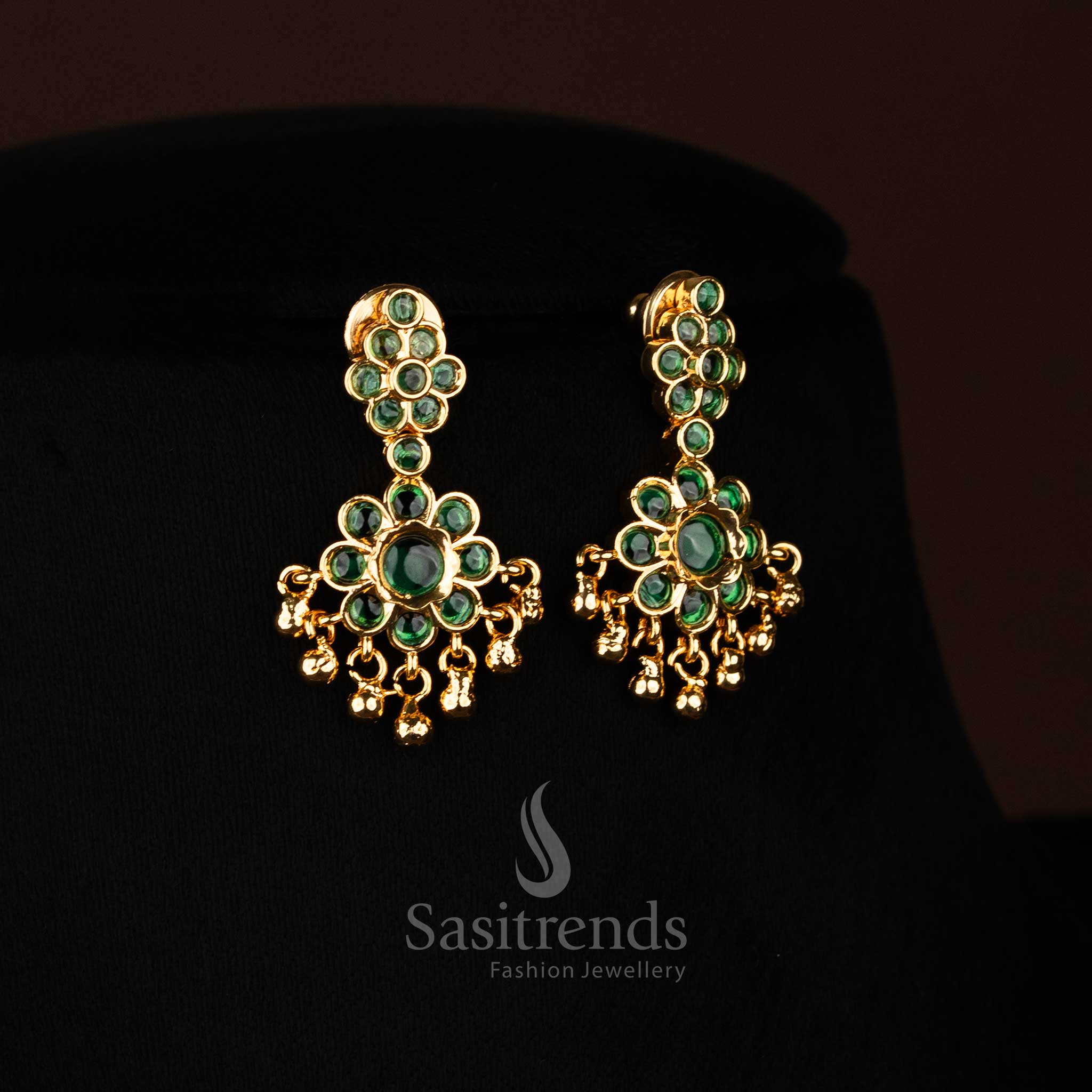 Elegant green American Diamond floral dangle earrings with crystal glow and golden bead accents perfect for bridal celebrations Jewellery - Sasitrends