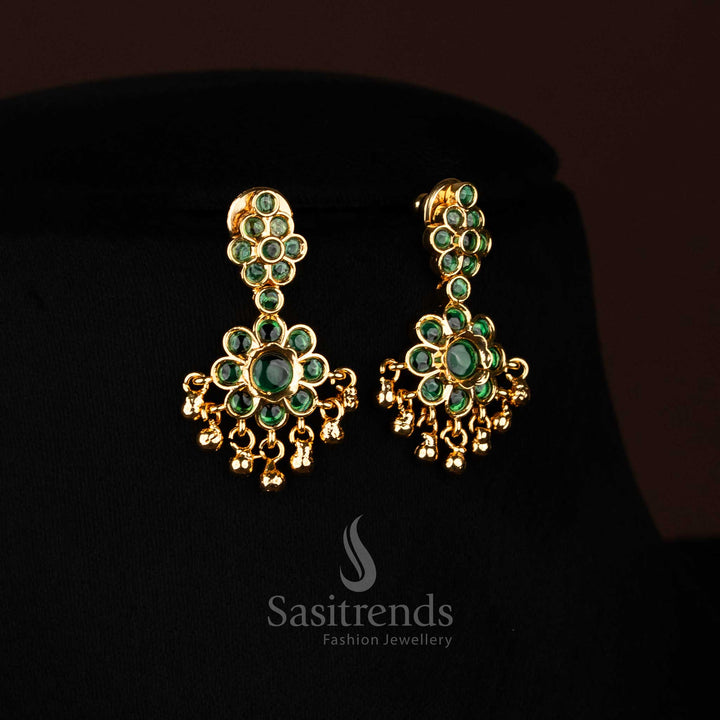 Elegant green American Diamond floral dangle earrings with crystal glow and golden bead accents perfect for bridal celebrations Jewellery - Sasitrends