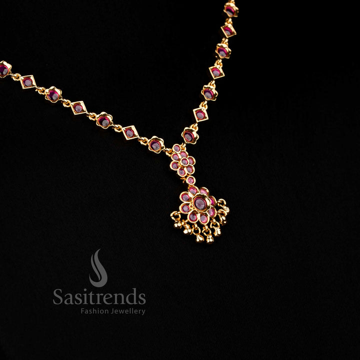Majestic ruby American Diamond floral necklace with deep sparkle stones and golden bead details suitable for bridal occasions Jewellery - Sasitrends