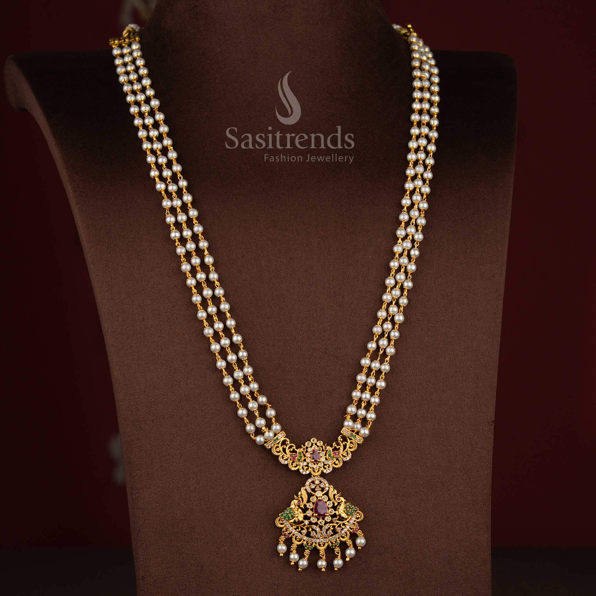 Serene tradition matte gold plated three layer pearl pendant temple haram necklace suitable for calm temple visits, pooja styling, and spiritual gatherings – Sasitrends