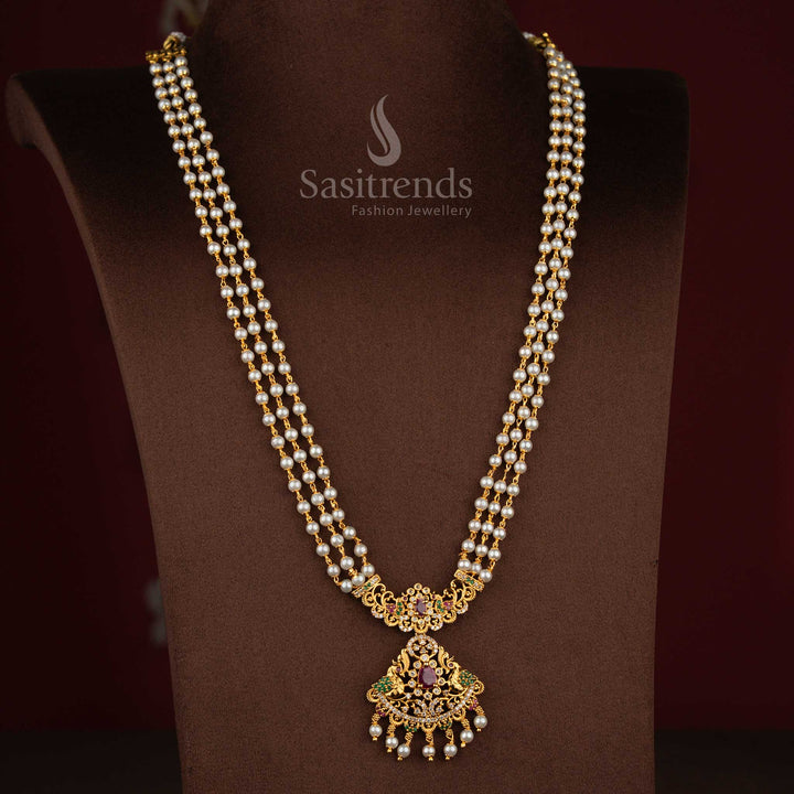 Serene tradition matte gold plated three layer pearl pendant temple haram necklace suitable for calm temple visits, pooja styling, and spiritual gatherings – Sasitrends
